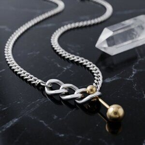 Two Tone 18K Gold Plated Stainless Steel Link Chain Necklace Ball Bar Pendant